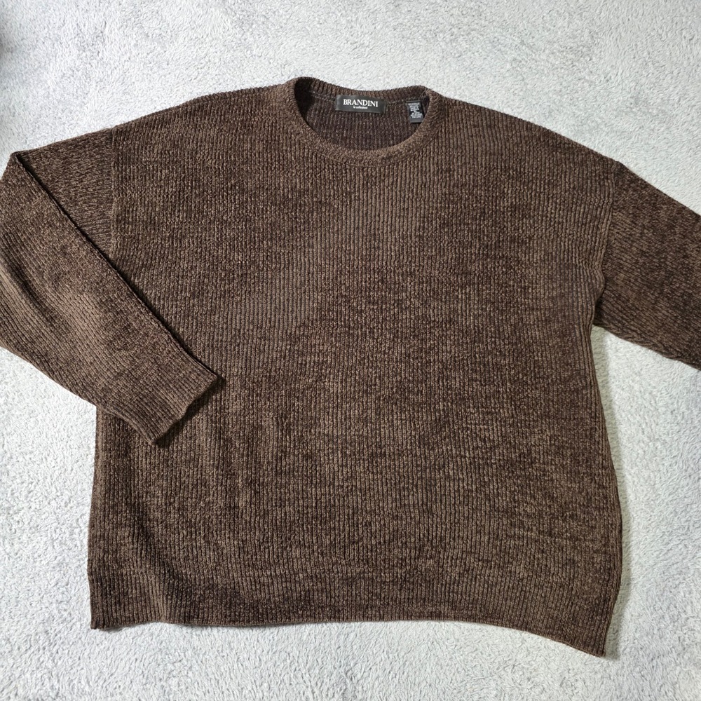 Brandini Mens XL Crewneck Sweater Brown Ribbed Wool Blend Chenille Knit 4867